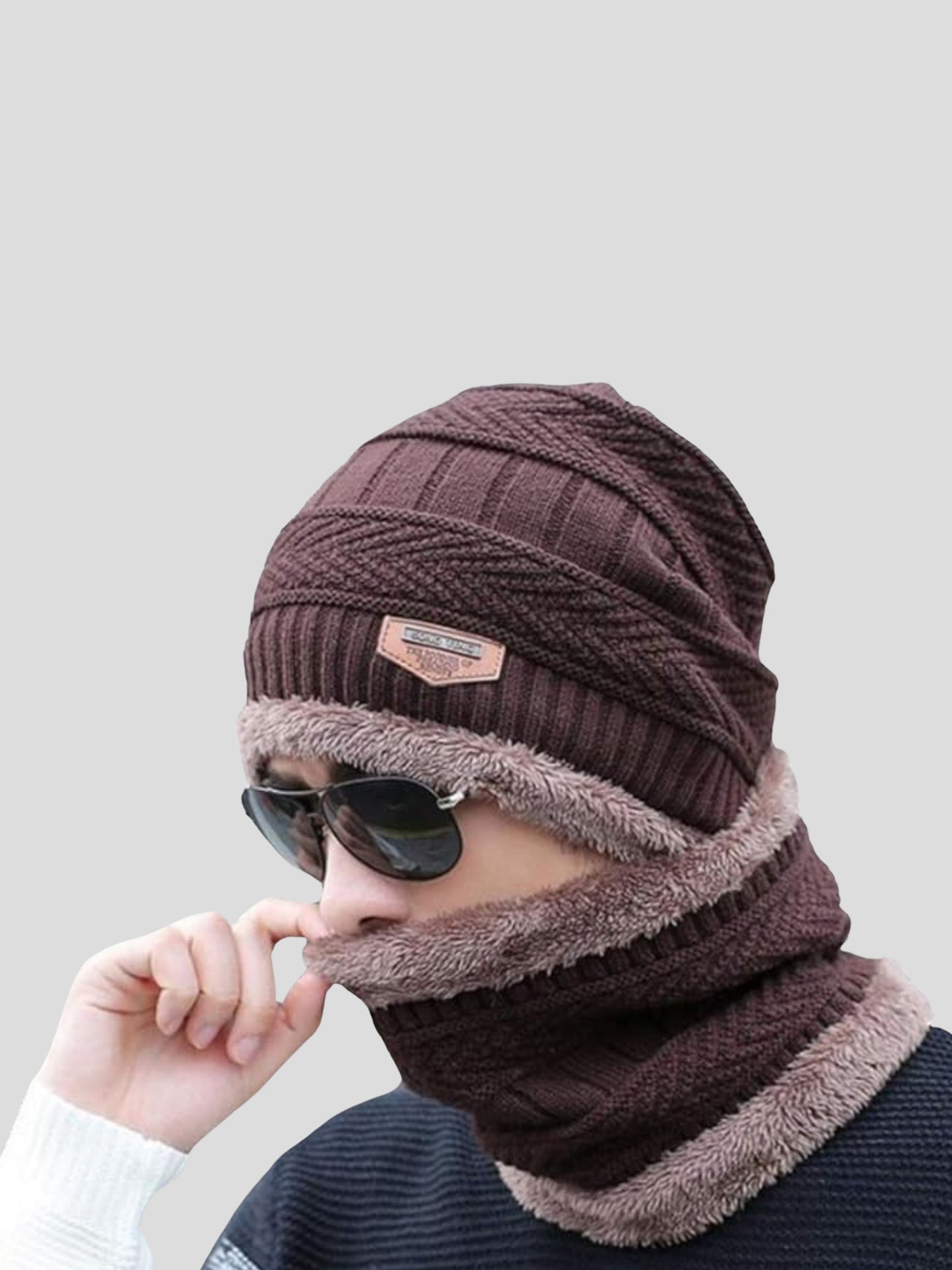 Youth Robe Men's Cap with Round Neck Muffler (Brown)