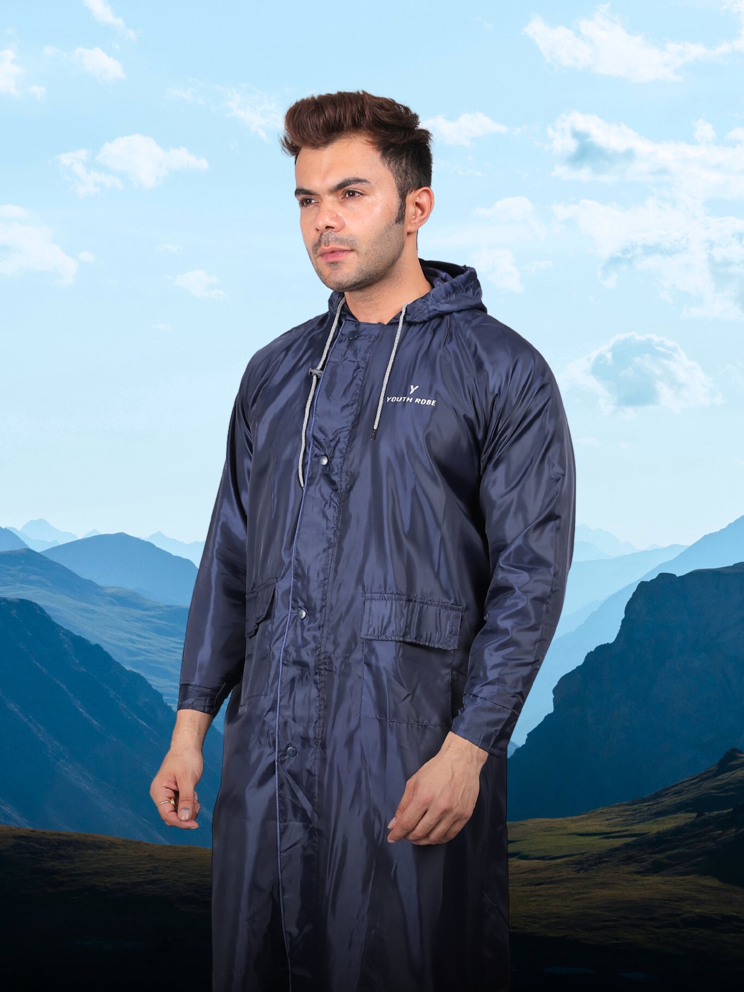YOUTH ROBE Men's Long Raincoat (Blue)