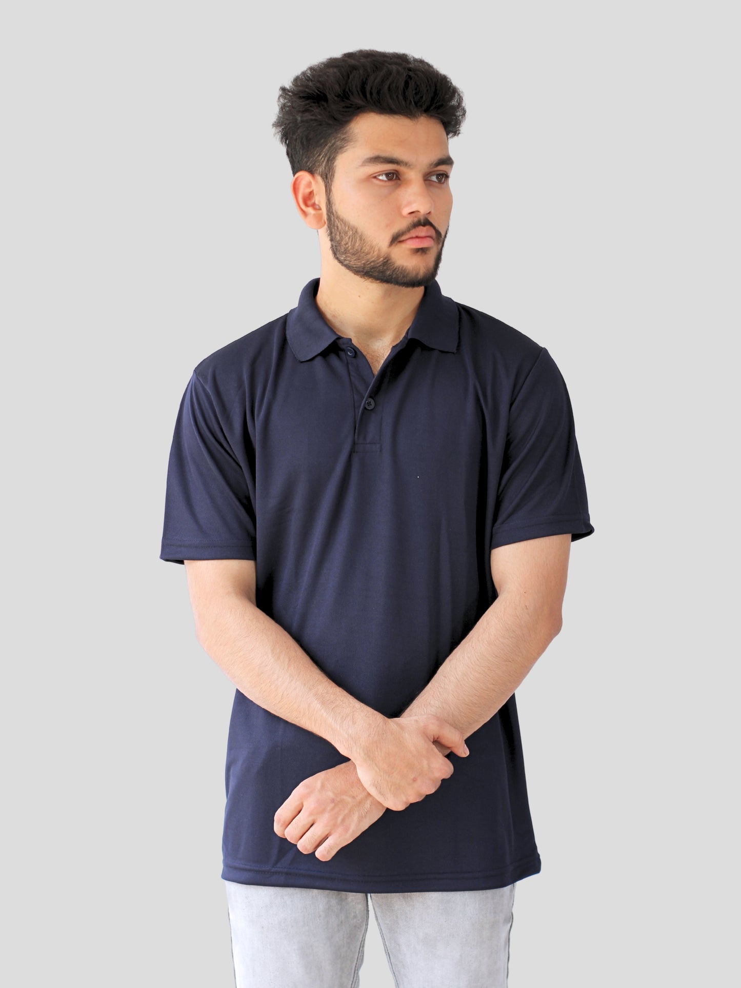 Youth Robe Men's Plain Collar T-Shirt (Navy blue)