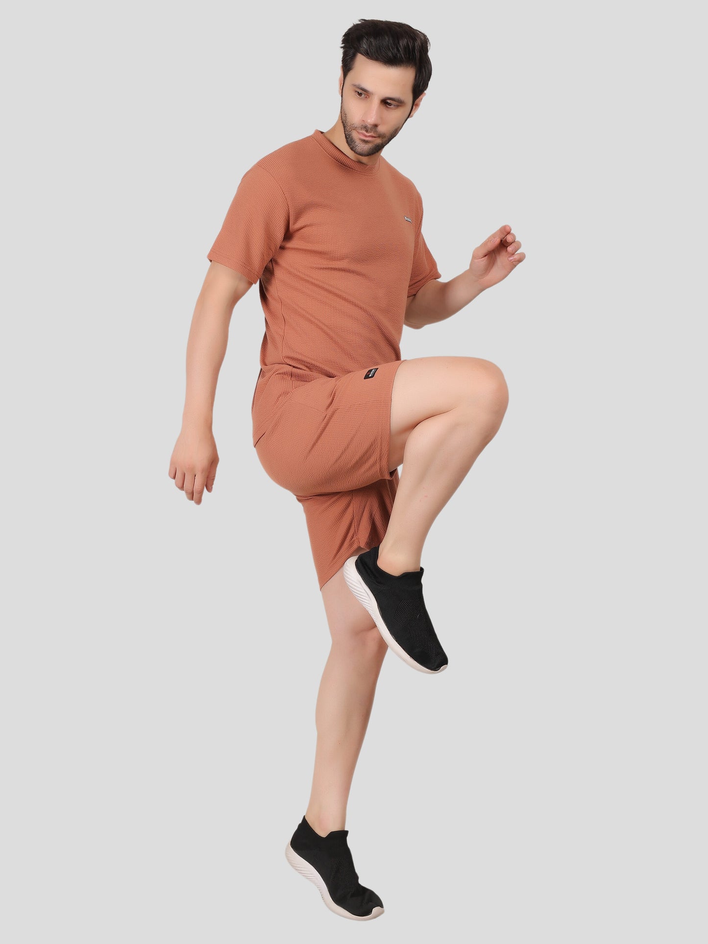 YOUTH ROBE Men's Co-Ord Set , Knitted T-Shirt and Short (Brown)