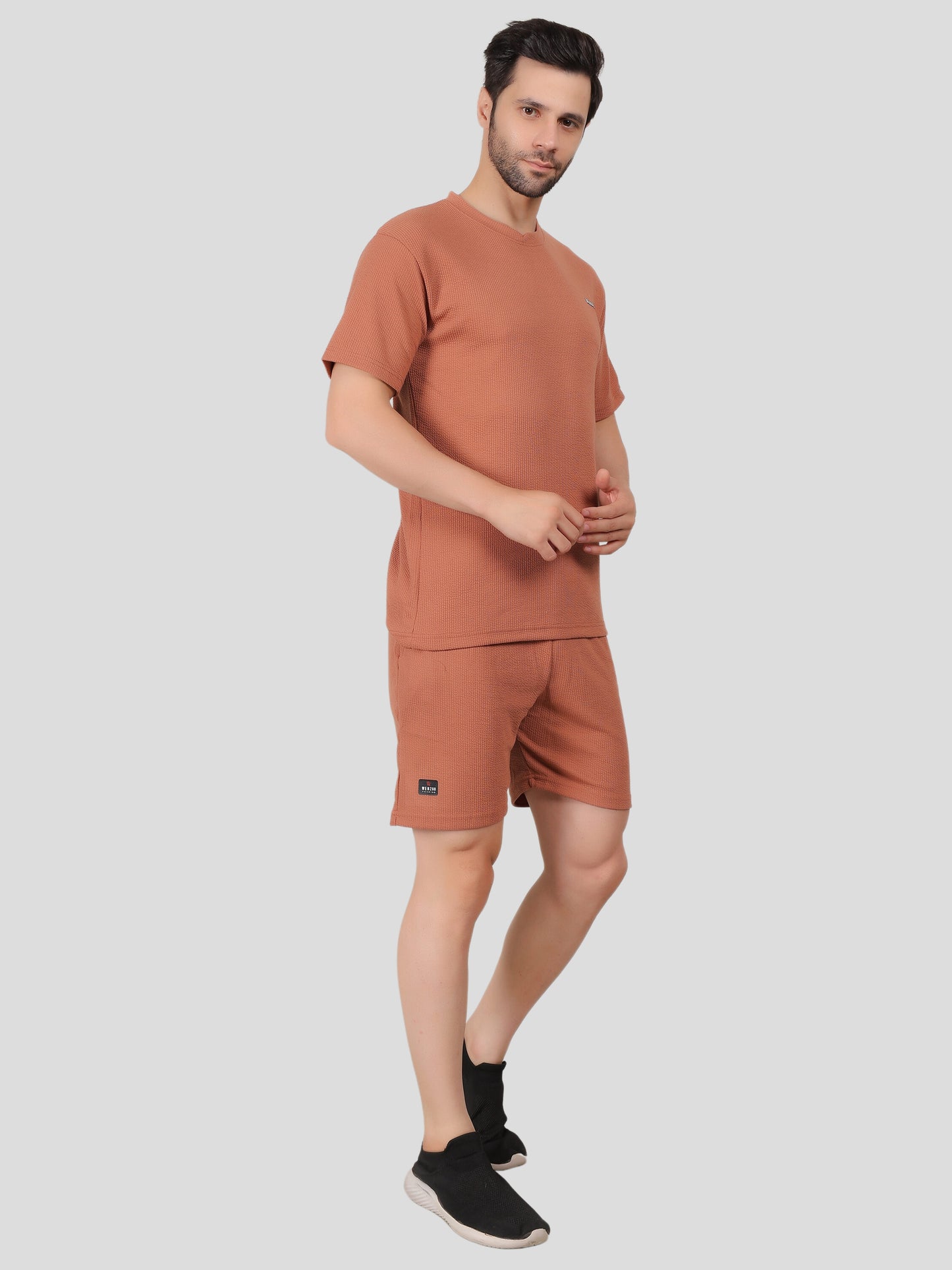 YOUTH ROBE Men's Co-Ord Set , Knitted T-Shirt and Short (Brown)