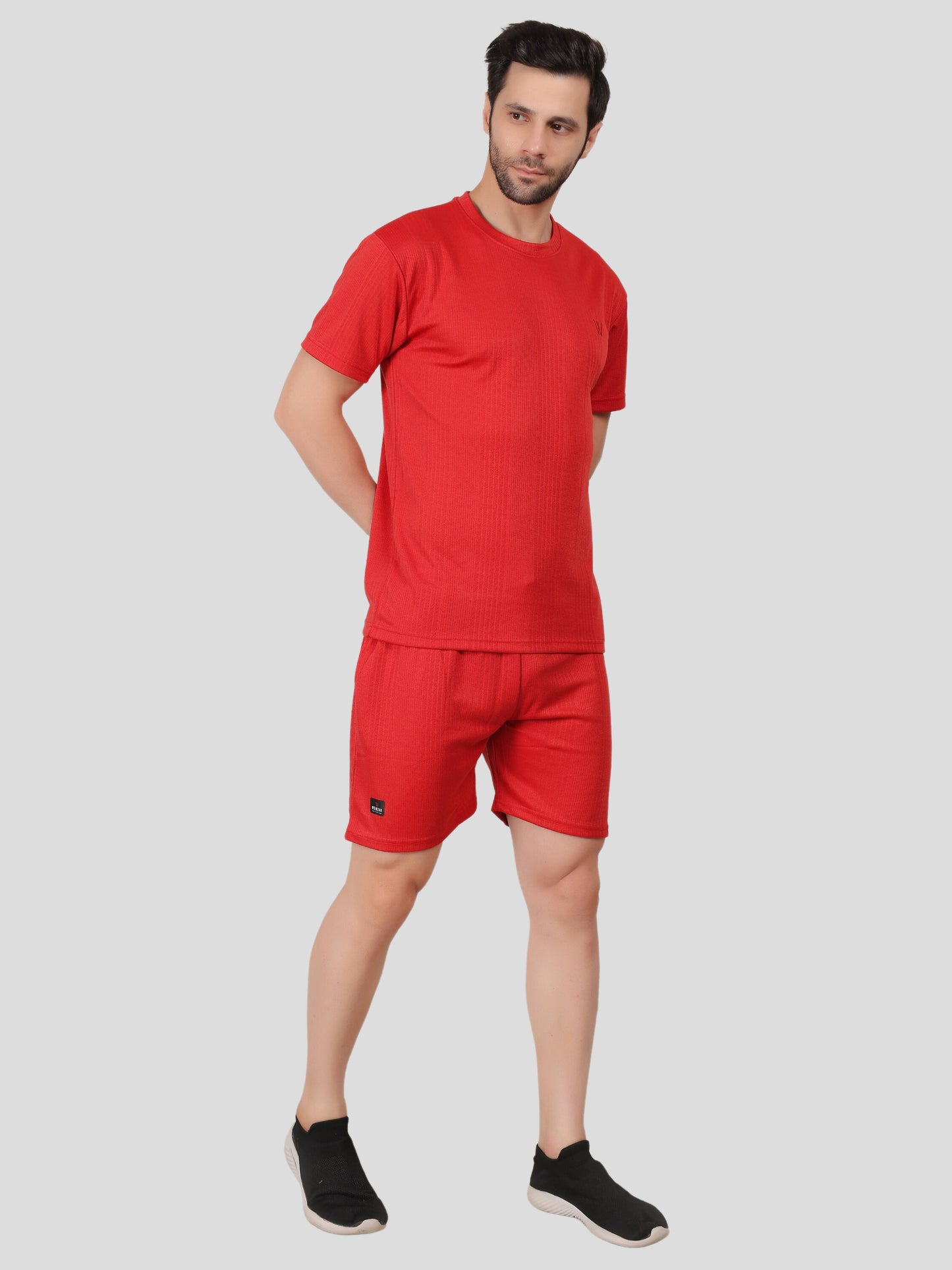 YOUTH ROBE Men's Co-Ord Set , Knitted T-Shirt and Short (Red)
