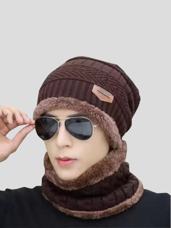 Men's Cap with Round Neck Muffler (Brown)