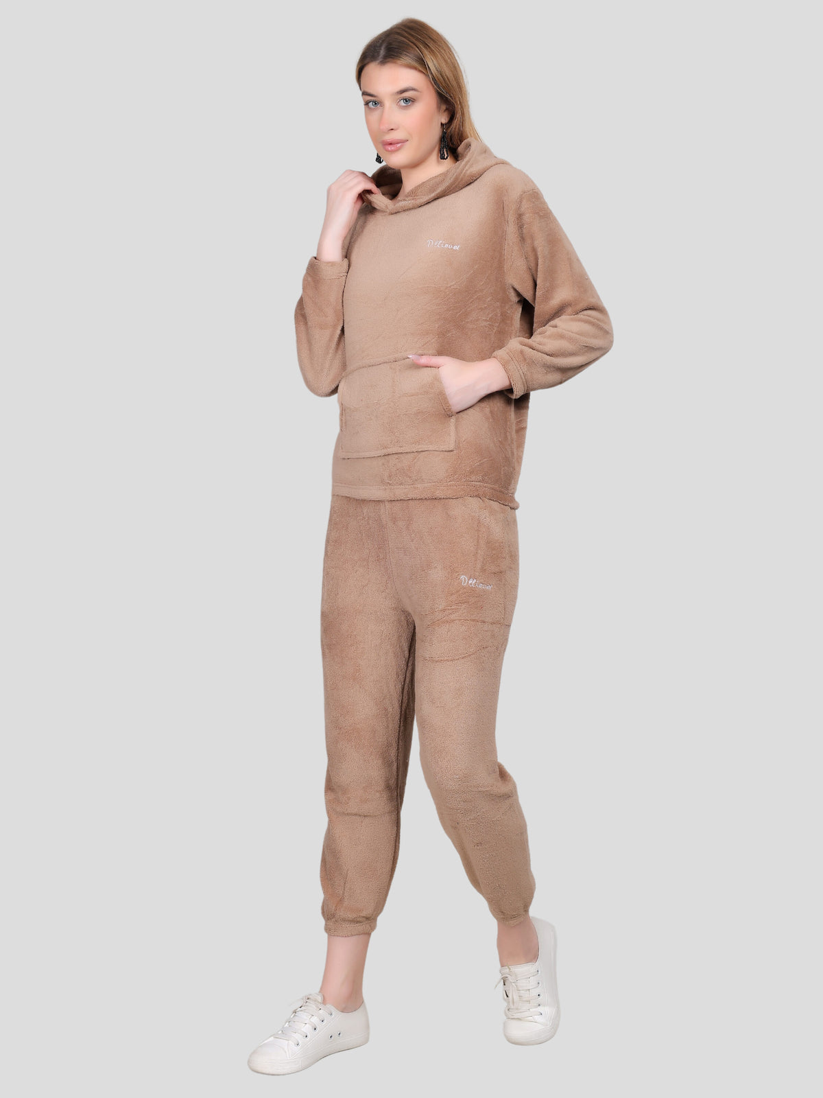 Crop Hoodie Co-Ord Set for Women (Brown)