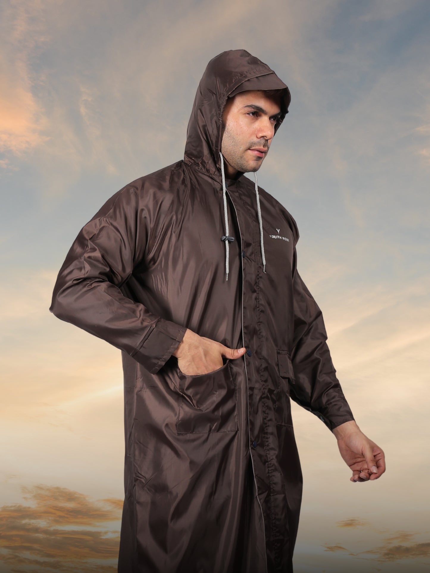 YOUTH ROBE Men's Long Raincoat (Brown)