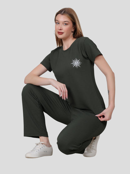 YOUTH ROBE Women's Loungewear Set , Co-Ord Set, Knit T-Shirt and Pants (Dark Green)