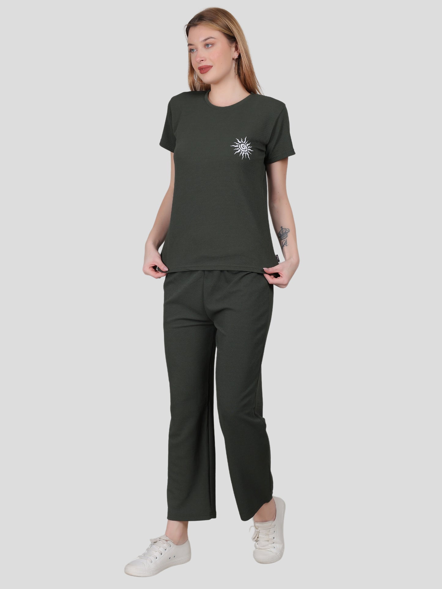 YOUTH ROBE Women's Loungewear Set , Co-Ord Set, Knit T-Shirt and Pants (Dark Green)