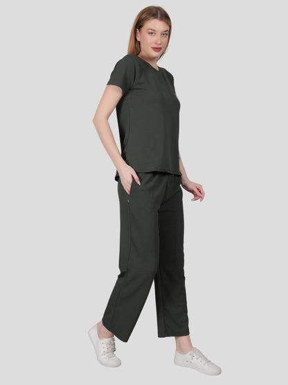 YOUTH ROBE Women's Loungewear Set , Co-Ord Set, Knit T-Shirt and Pants (Dark Green)