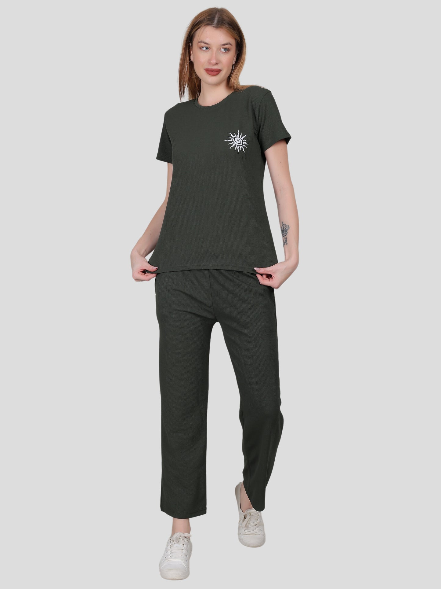 YOUTH ROBE Women's Loungewear Set , Co-Ord Set, Knit T-Shirt and Pants (Dark Green)