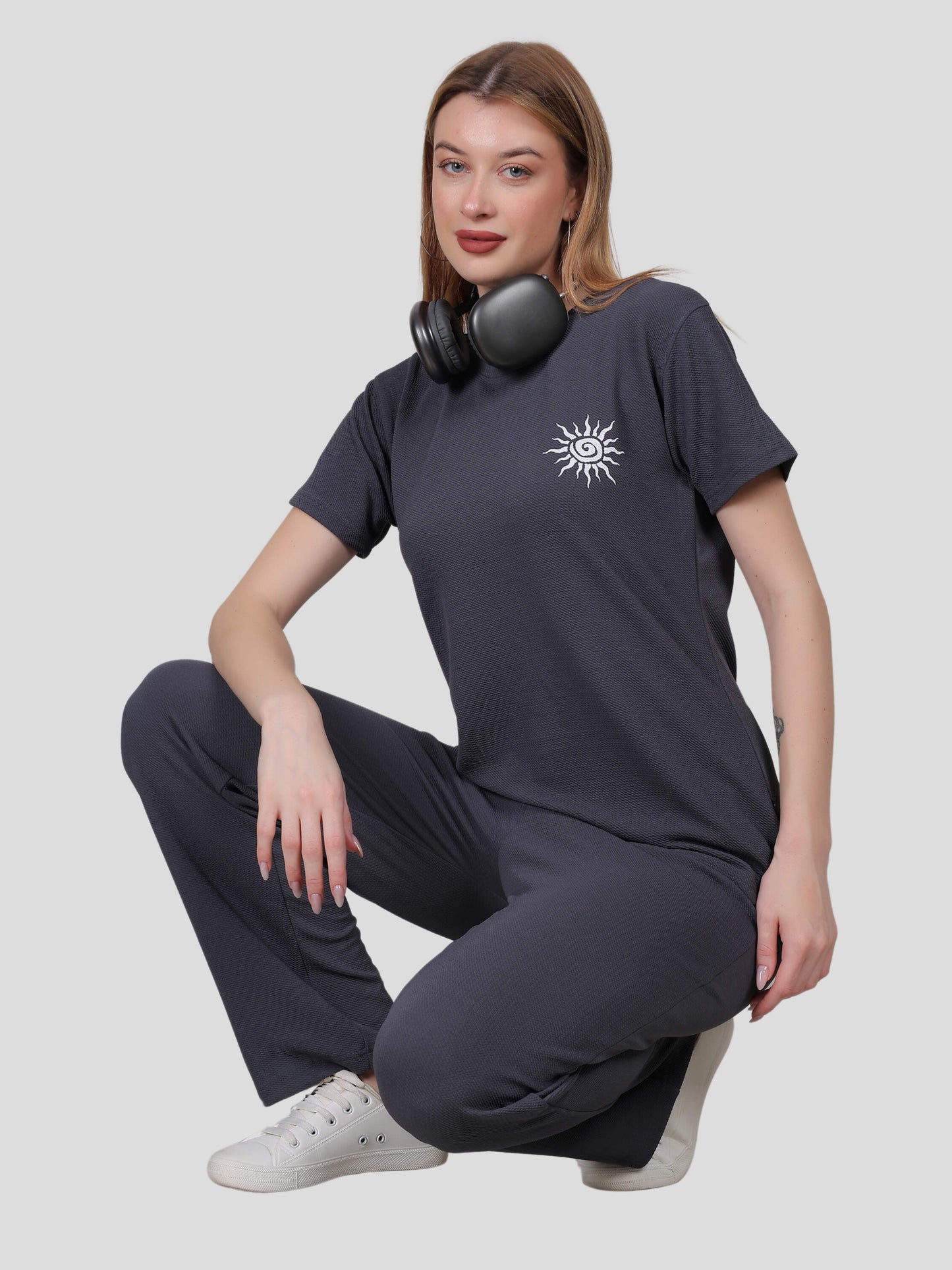 YOUTH ROBE Women's Loungewear Set , Co-Ord Set, Knit T-Shirt and Pants (Dark Grey)