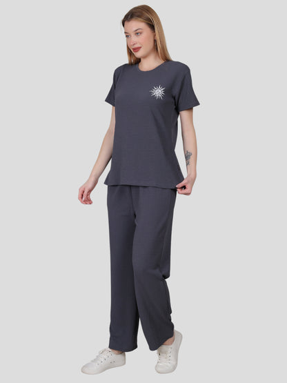 YOUTH ROBE Women's Loungewear Set , Co-Ord Set, Knit T-Shirt and Pants (Dark Grey)