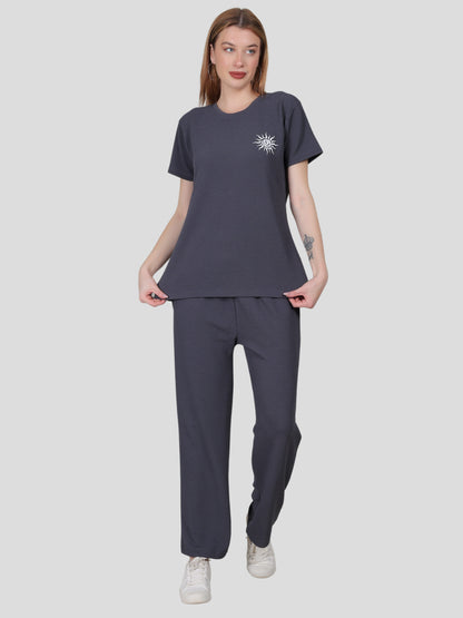 YOUTH ROBE Women's Loungewear Set , Co-Ord Set, Knit T-Shirt and Pants (Dark Grey)