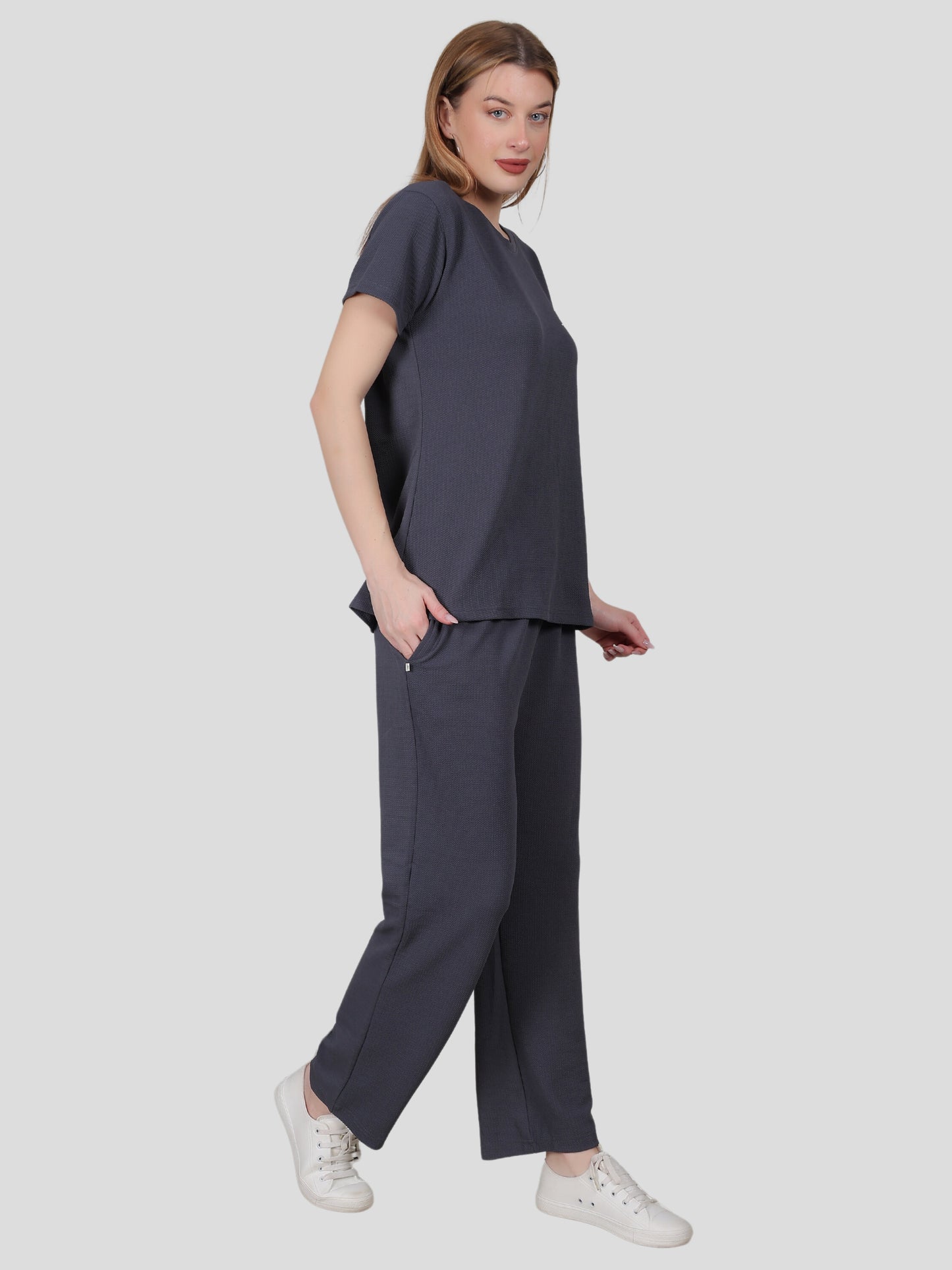 YOUTH ROBE Women's Loungewear Set , Co-Ord Set, Knit T-Shirt and Pants (Dark Grey)