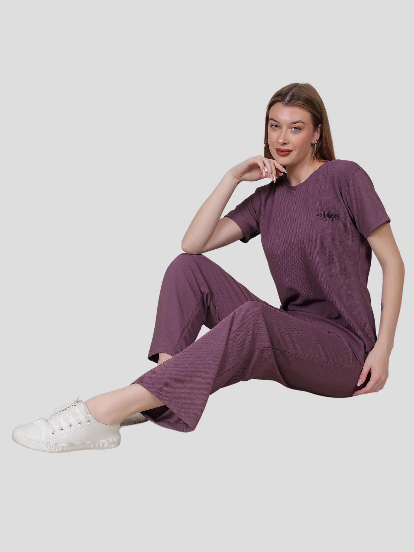 YOUTH ROBE Women's Loungewear Set , Co-Ord Set, Knit T-Shirt and Pants (Dark purple)