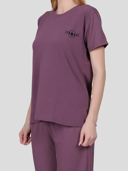 YOUTH ROBE Women's Loungewear Set , Co-Ord Set, Knit T-Shirt and Pants (Dark purple)