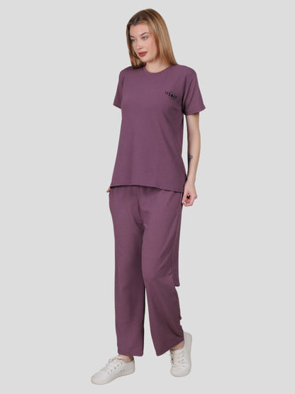 YOUTH ROBE Women's Loungewear Set , Co-Ord Set, Knit T-Shirt and Pants (Dark purple)