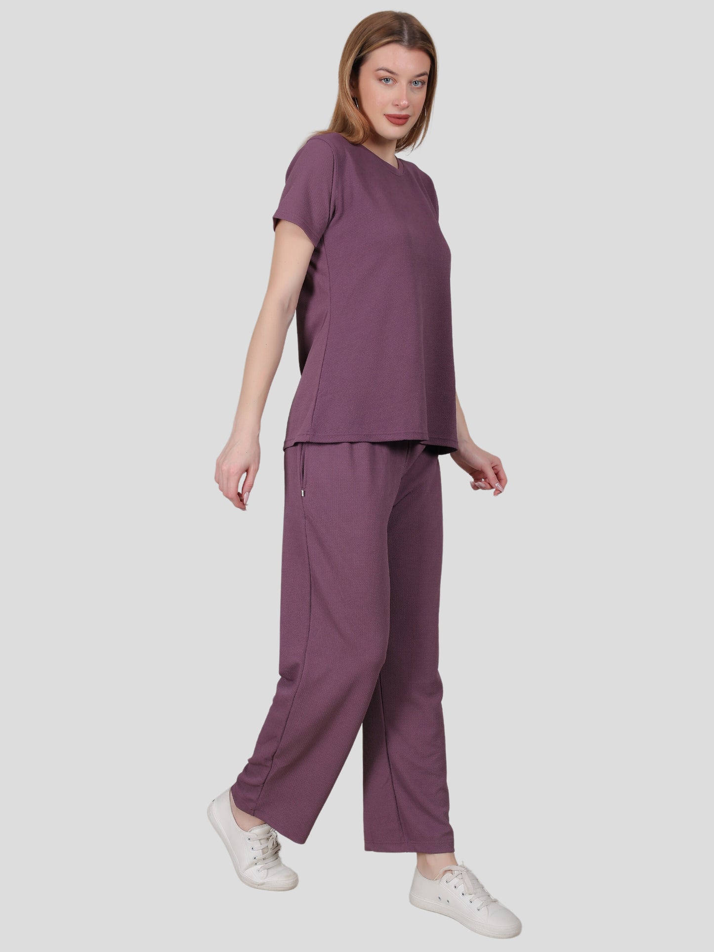 YOUTH ROBE Women's Loungewear Set , Co-Ord Set, Knit T-Shirt and Pants (Dark purple)