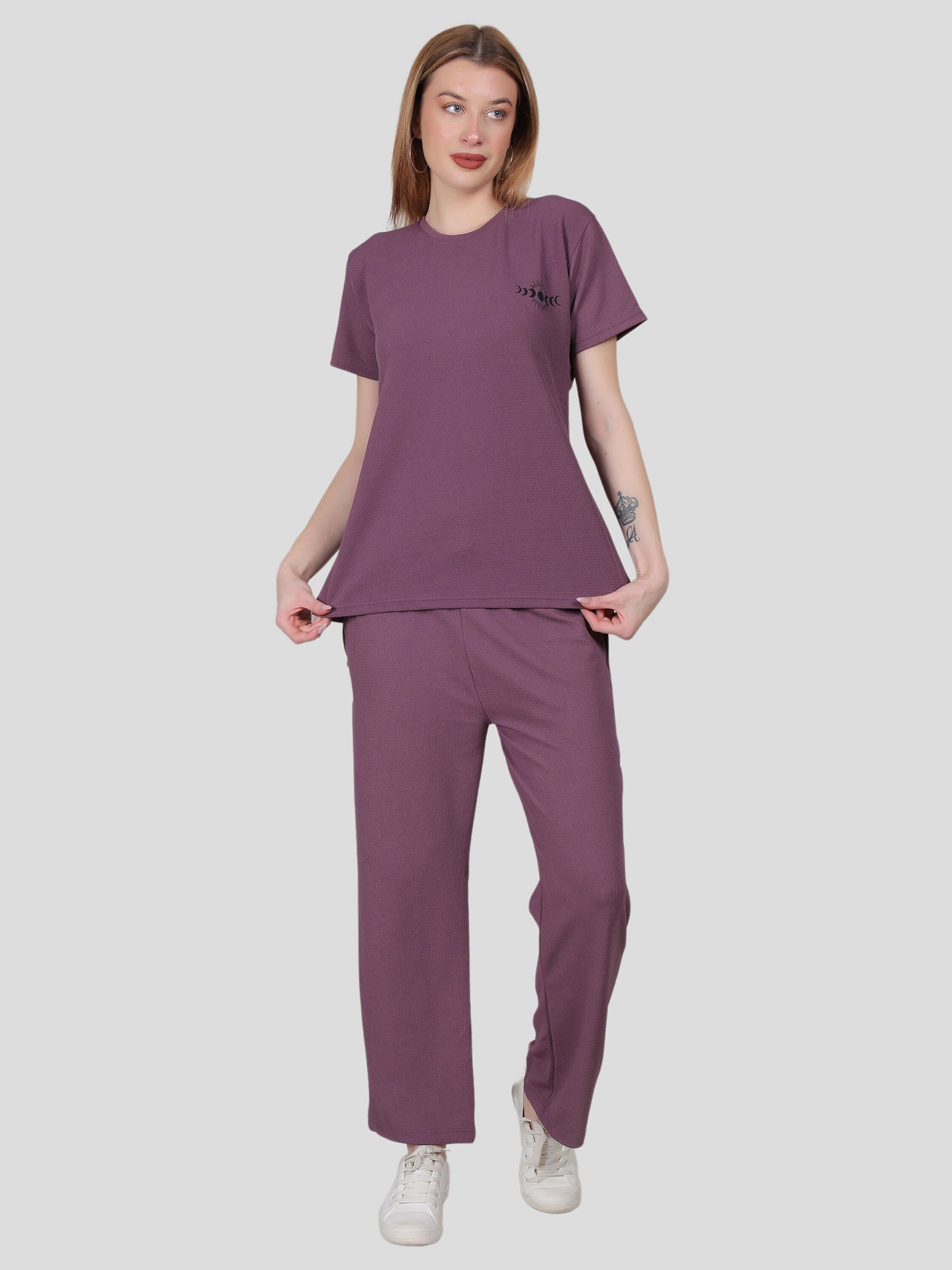 YOUTH ROBE Women's Loungewear Set , Co-Ord Set, Knit T-Shirt and Pants (Dark purple)