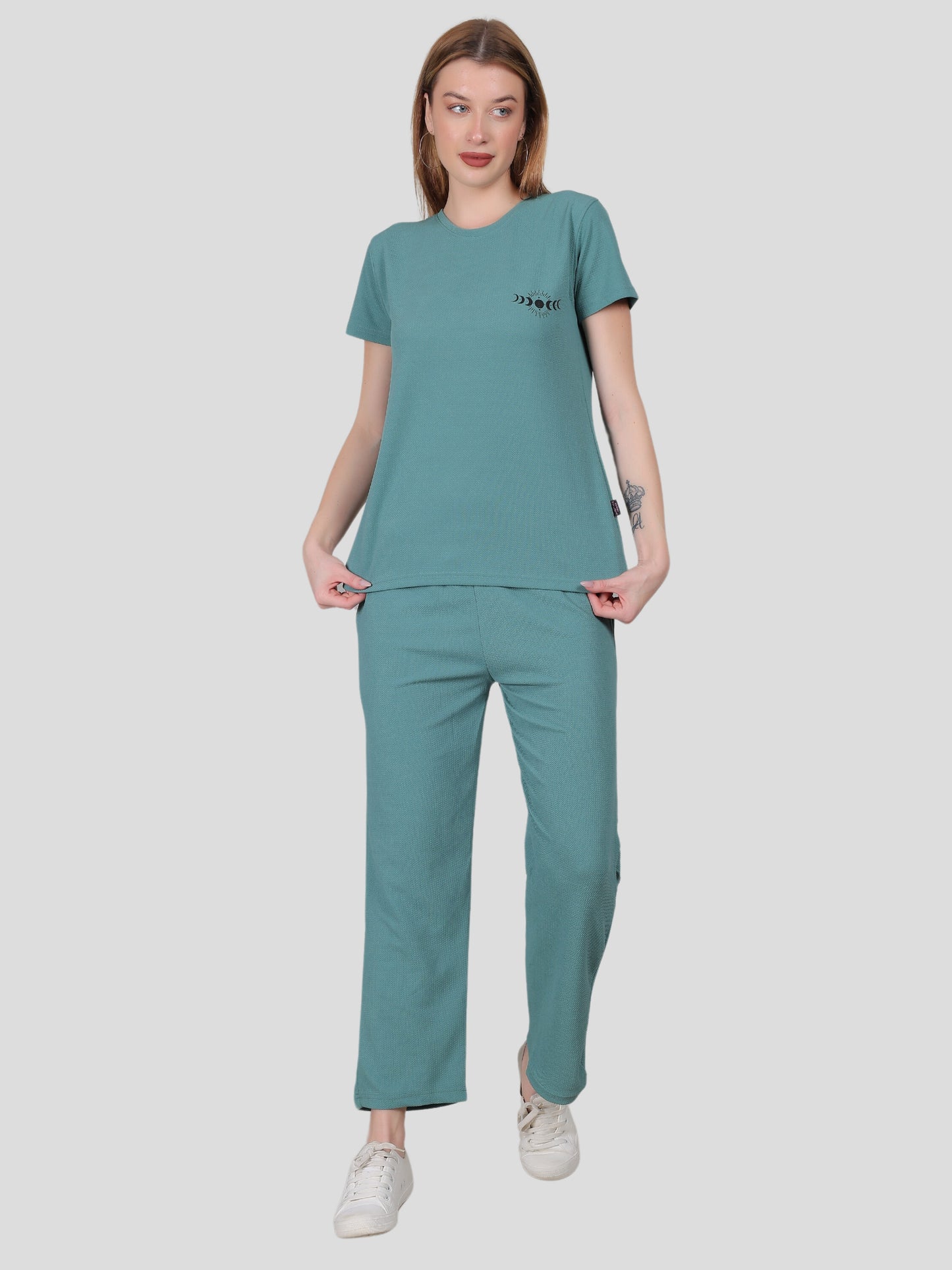 YOUTH ROBE Women's Loungewear Set , Co-Ord Set, Knit T-Shirt and Pants (Light Green)