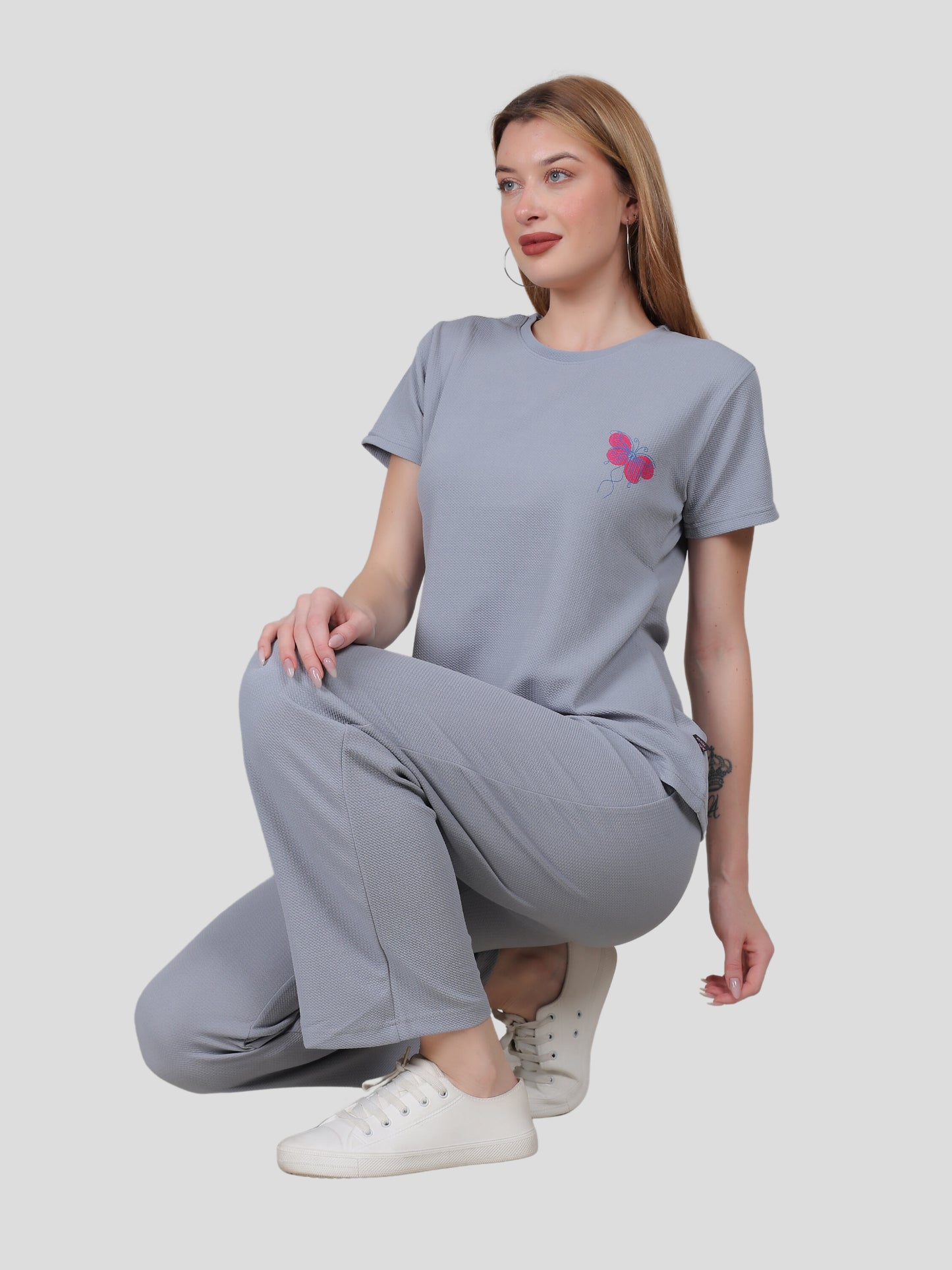 YOUTH ROBE Women's Loungewear Set , Co-Ord Set, Knit T-Shirt and Pants (Light Grey)