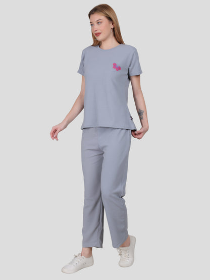 YOUTH ROBE Women's Loungewear Set , Co-Ord Set, Knit T-Shirt and Pants (Light Grey)