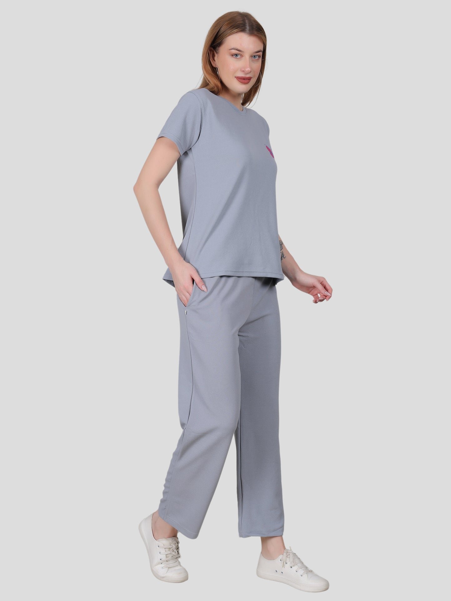 YOUTH ROBE Women's Loungewear Set , Co-Ord Set, Knit T-Shirt and Pants (Light Grey)