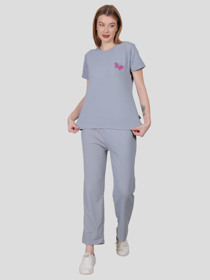 YOUTH ROBE Women's Loungewear Set , Co-Ord Set, Knit T-Shirt and Pants (Light Grey)