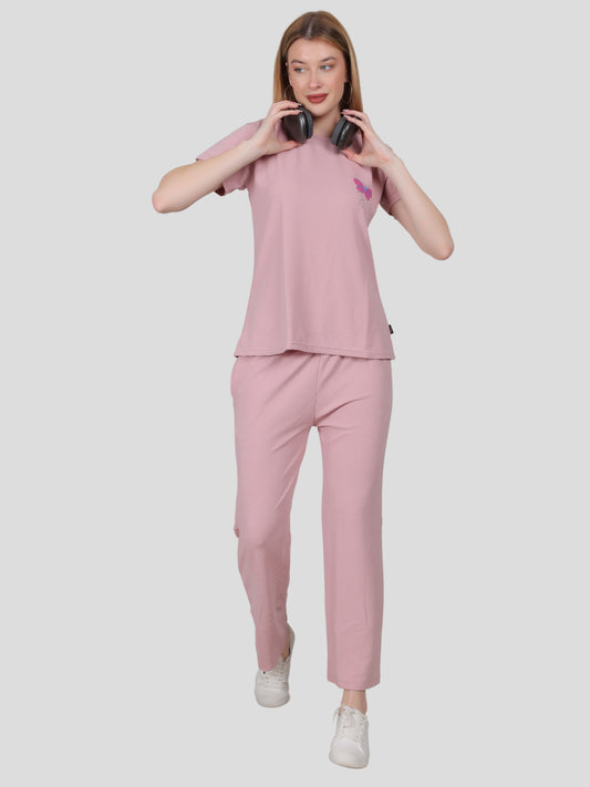 YOUTH ROBE Women's Loungewear Set , Co-Ord Set, Knit T-Shirt and Pants (pink)