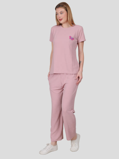 YOUTH ROBE Women's Loungewear Set , Co-Ord Set, Knit T-Shirt and Pants (pink)