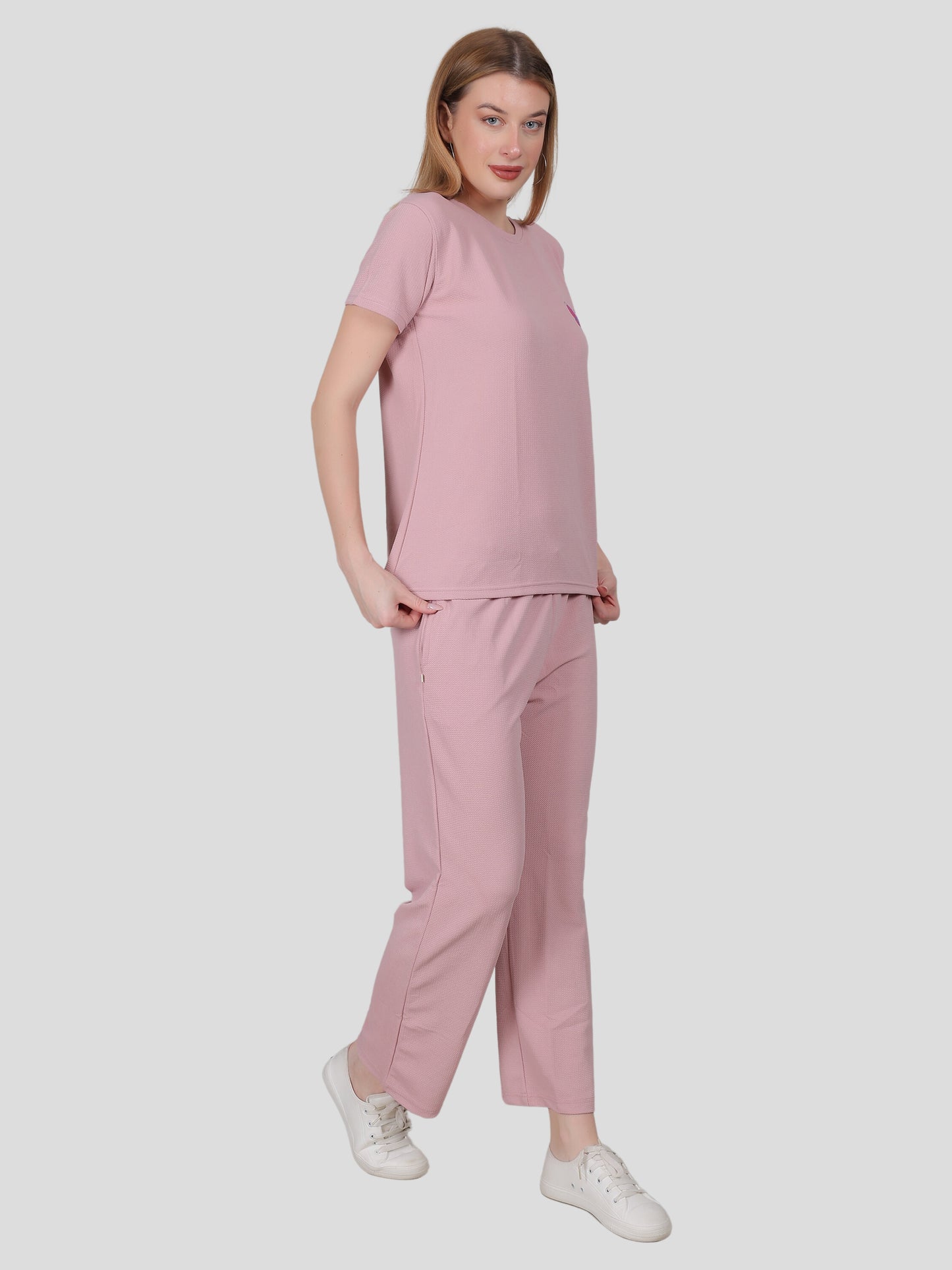 YOUTH ROBE Women's Loungewear Set , Co-Ord Set, Knit T-Shirt and Pants (pink)