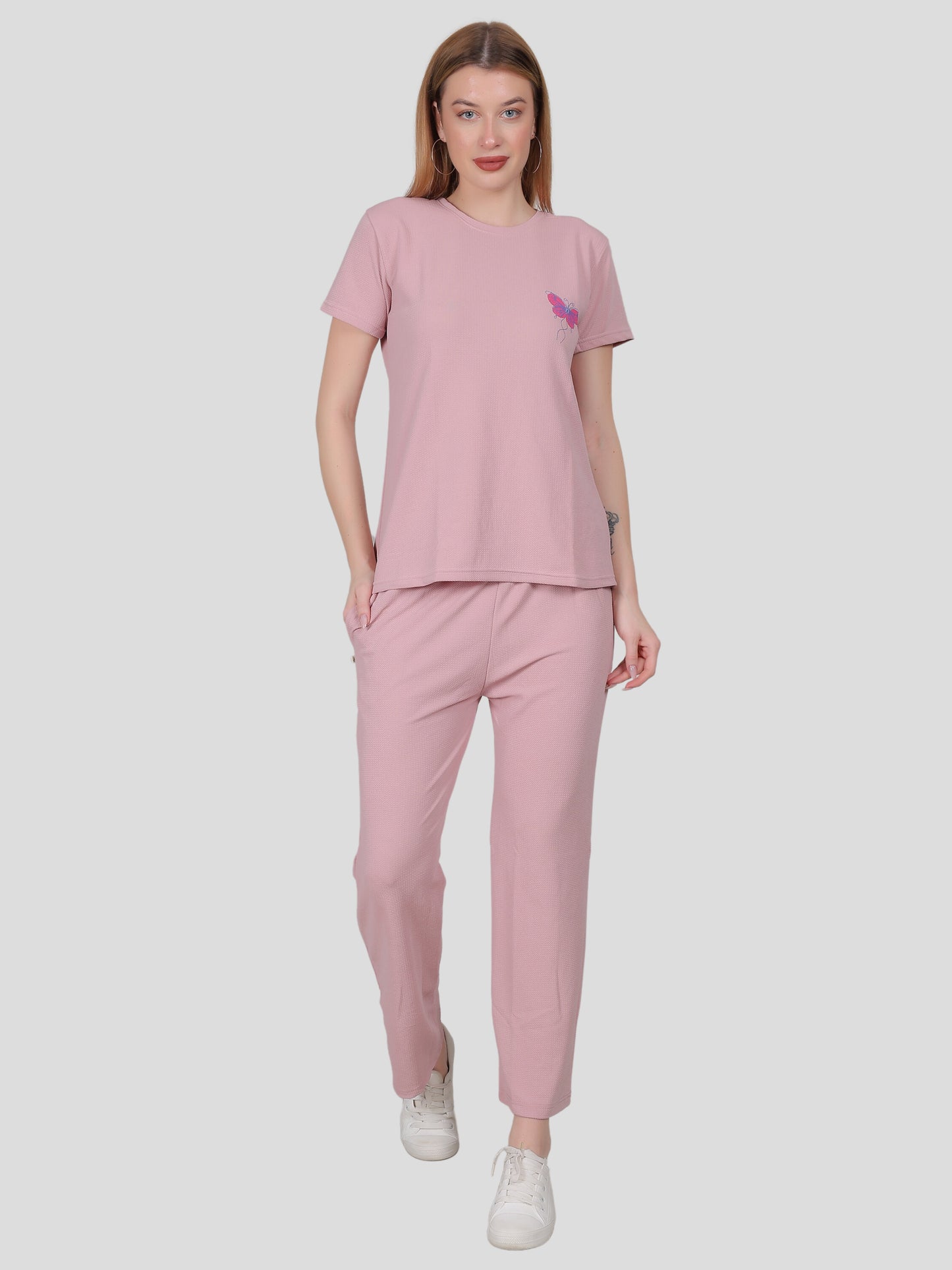 YOUTH ROBE Women's Loungewear Set , Co-Ord Set, Knit T-Shirt and Pants (pink)