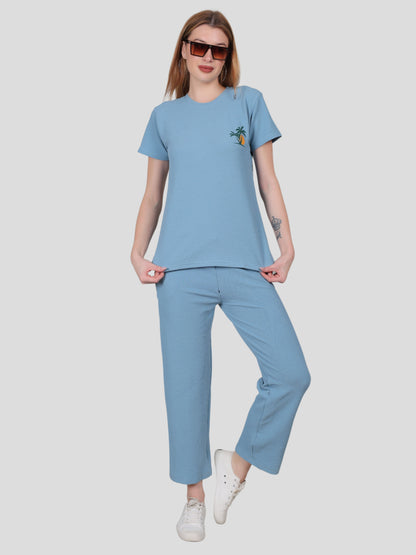 YOUTH ROBE Women's Loungewear Set , Co-Ord Set, Knit T-Shirt and Pants (Sky Blue)