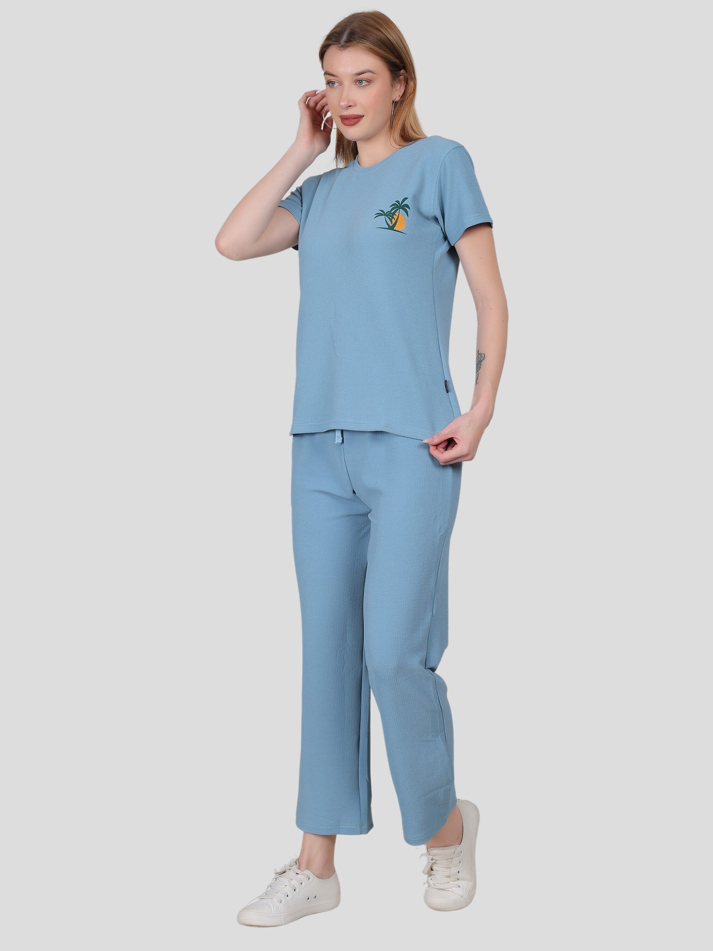 YOUTH ROBE Women's Loungewear Set , Co-Ord Set, Knit T-Shirt and Pants (Sky Blue)