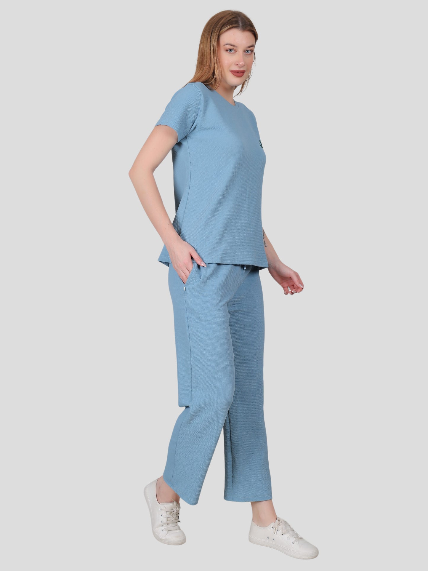 YOUTH ROBE Women's Loungewear Set , Co-Ord Set, Knit T-Shirt and Pants (Sky Blue)