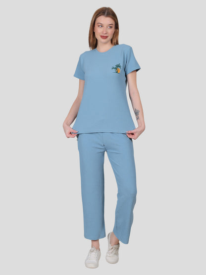 YOUTH ROBE Women's Loungewear Set , Co-Ord Set, Knit T-Shirt and Pants (Sky Blue)