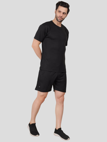 YOUTH ROBE Men's Co-Ord Set , Knitted T-Shirt and Short  (Black)