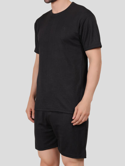 YOUTH ROBE Men's Co-Ord Set , Knitted T-Shirt and Short  (Black)