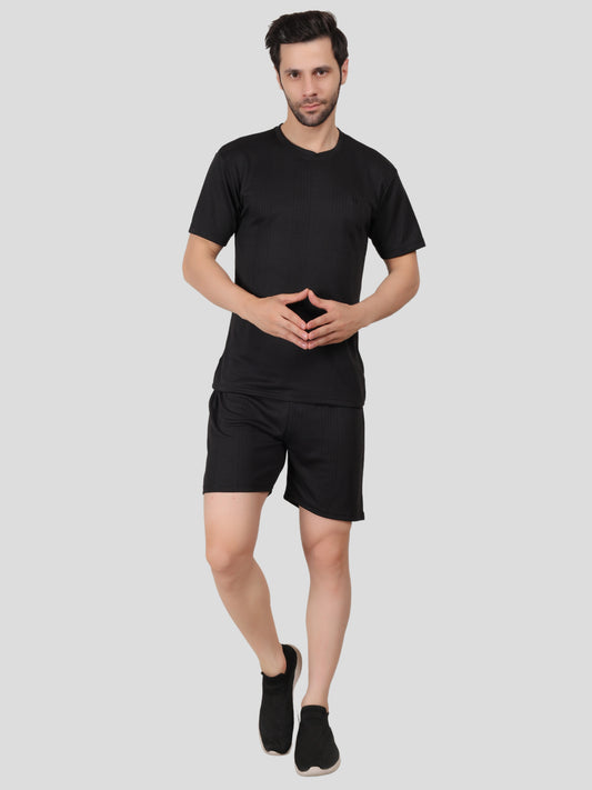 YOUTH ROBE Men's Co-Ord Set , Knitted T-Shirt and Short  (Black)