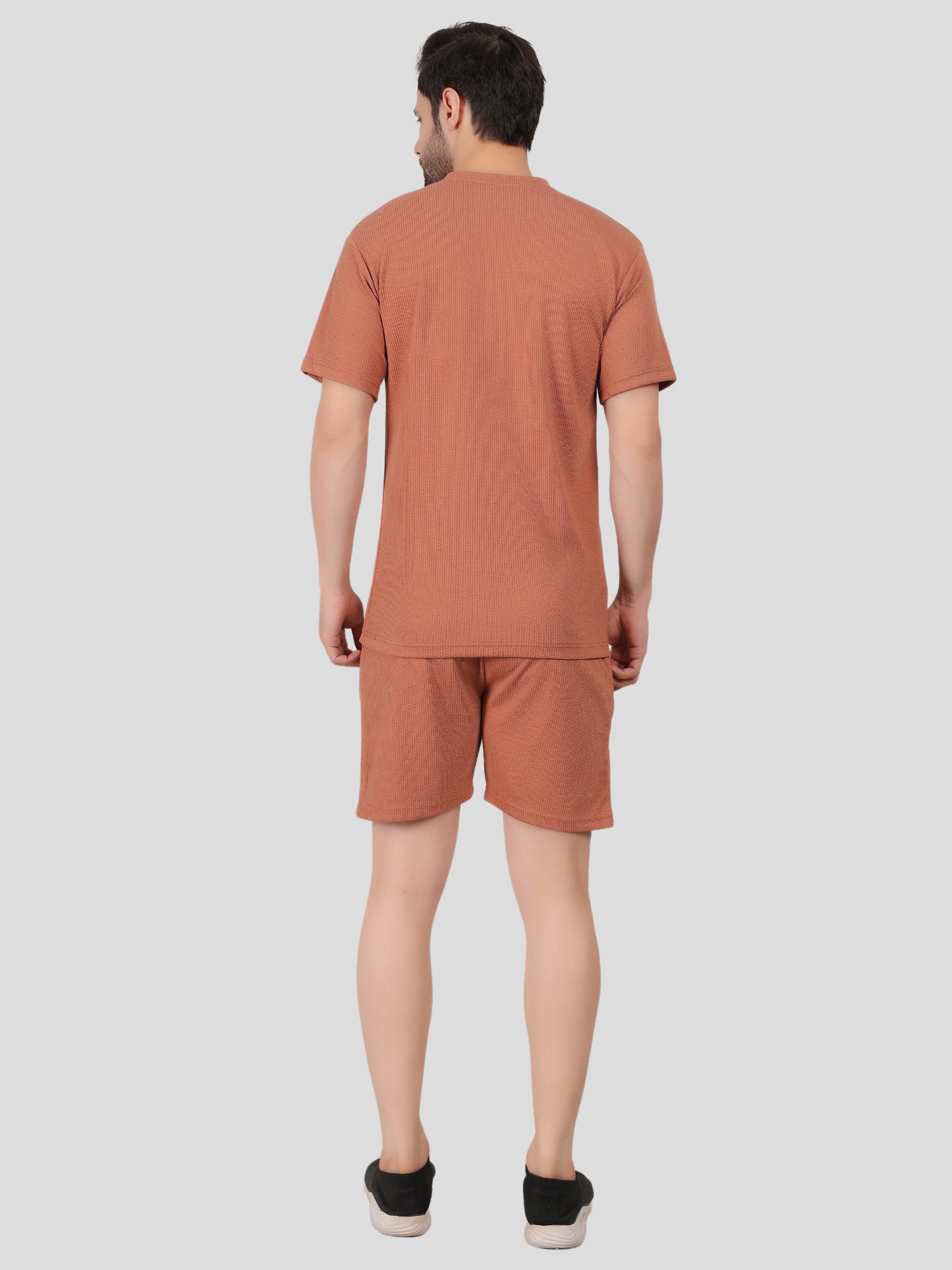 YOUTH ROBE Men's Co-Ord Set , Knitted T-Shirt and Short  (Brown)