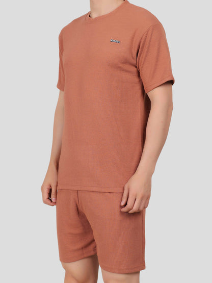 YOUTH ROBE Men's Co-Ord Set , Knitted T-Shirt and Short  (Brown)