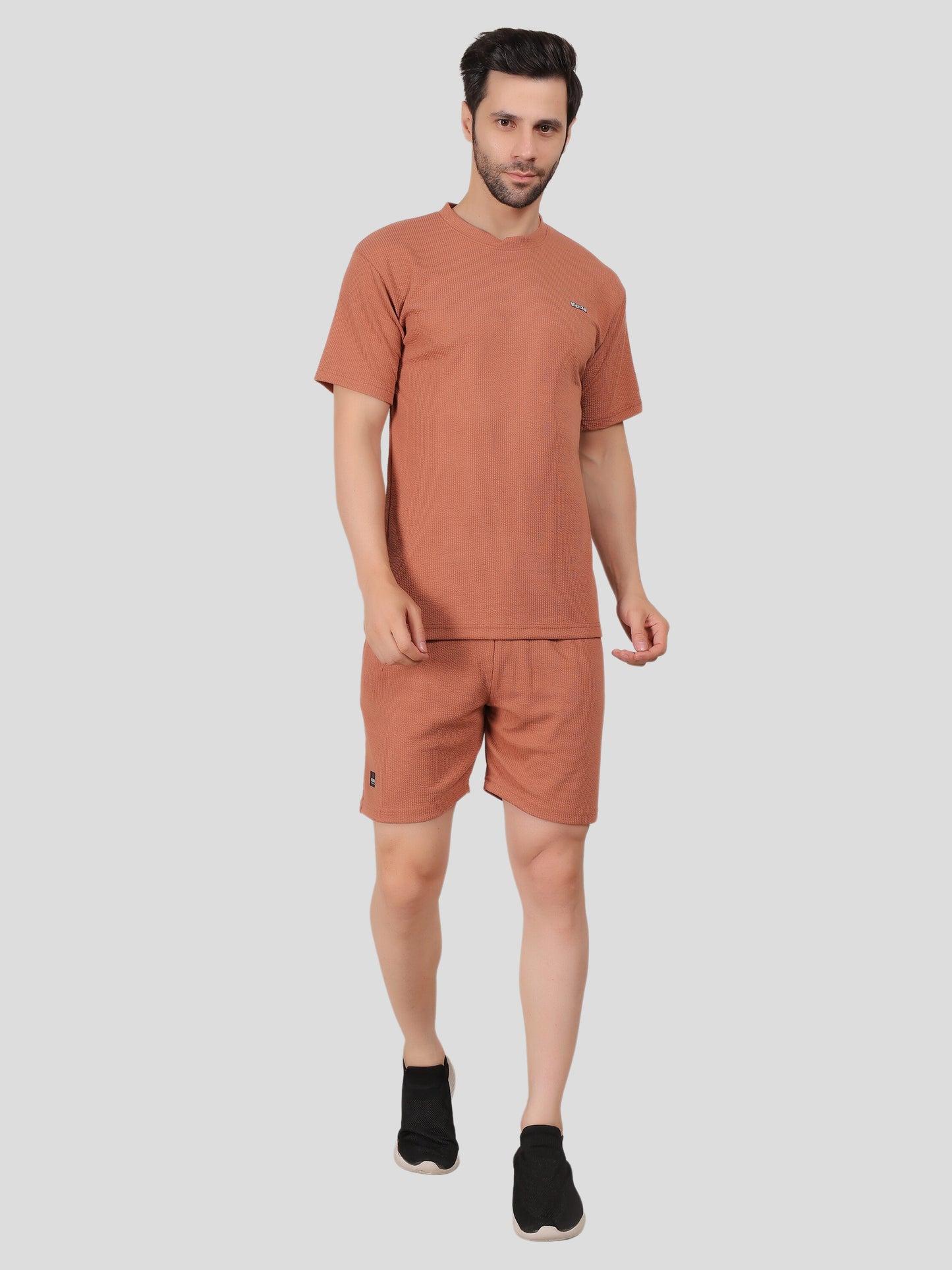 YOUTH ROBE Men's Co-Ord Set , Knitted T-Shirt and Short  (Brown)