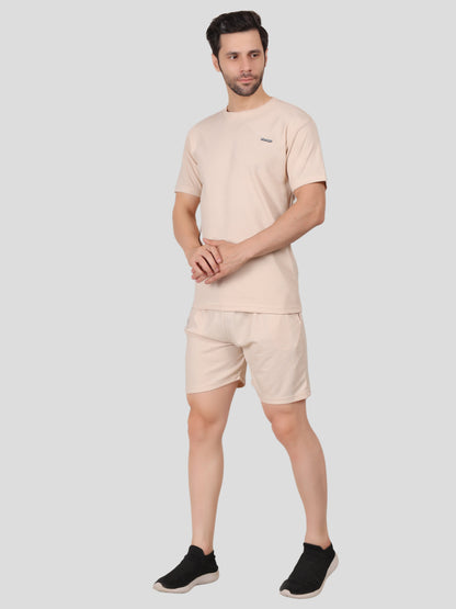 YOUTH ROBE Men's Co-Ord Set , Knitted T-Shirt and Short  (Cream)