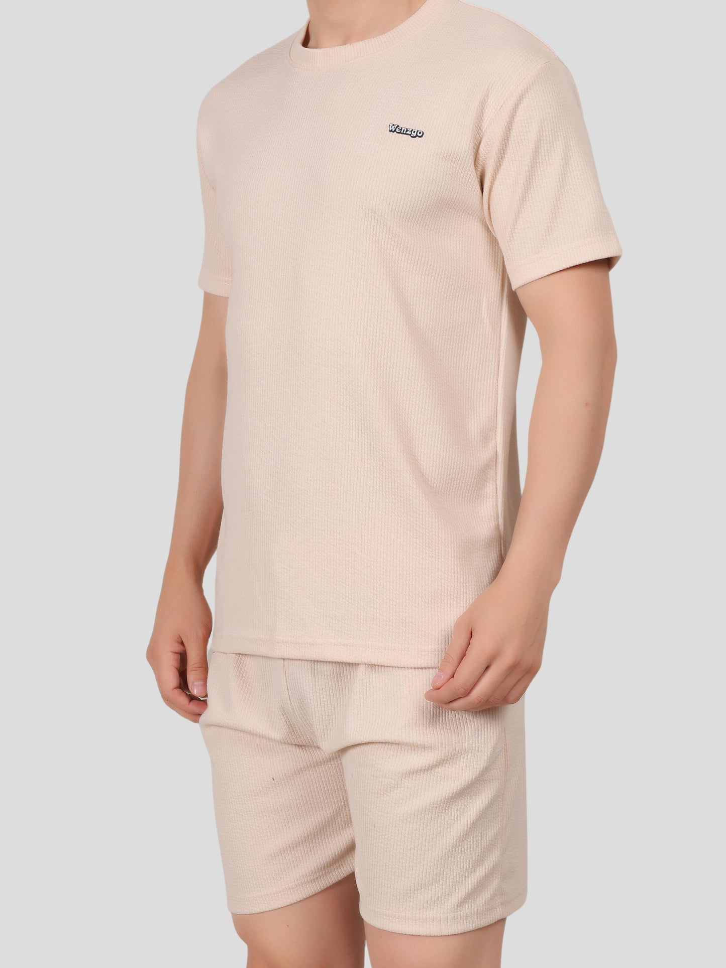 YOUTH ROBE Men's Co-Ord Set , Knitted T-Shirt and Short  (Cream)