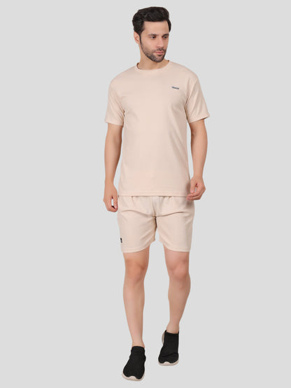 YOUTH ROBE Men's Co-Ord Set , Knitted T-Shirt and Short  (Cream)