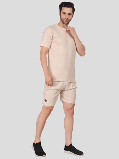 YOUTH ROBE Men's Co-Ord Set , Knitted T-Shirt and Short  (Cream)