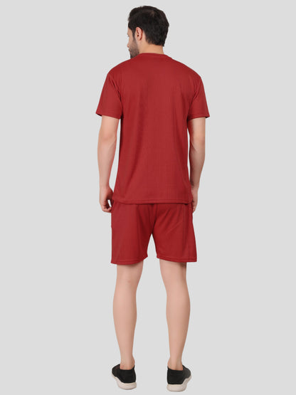 YOUTH ROBE Men's Co-Ord Set , Knitted T-Shirt and Short  (Maroon)