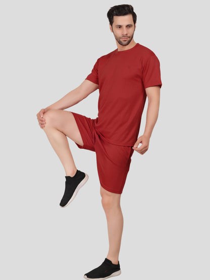 YOUTH ROBE Men's Co-Ord Set , Knitted T-Shirt and Short  (Maroon)