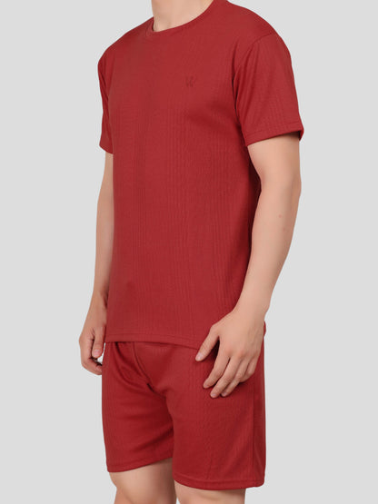 YOUTH ROBE Men's Co-Ord Set , Knitted T-Shirt and Short  (Maroon)