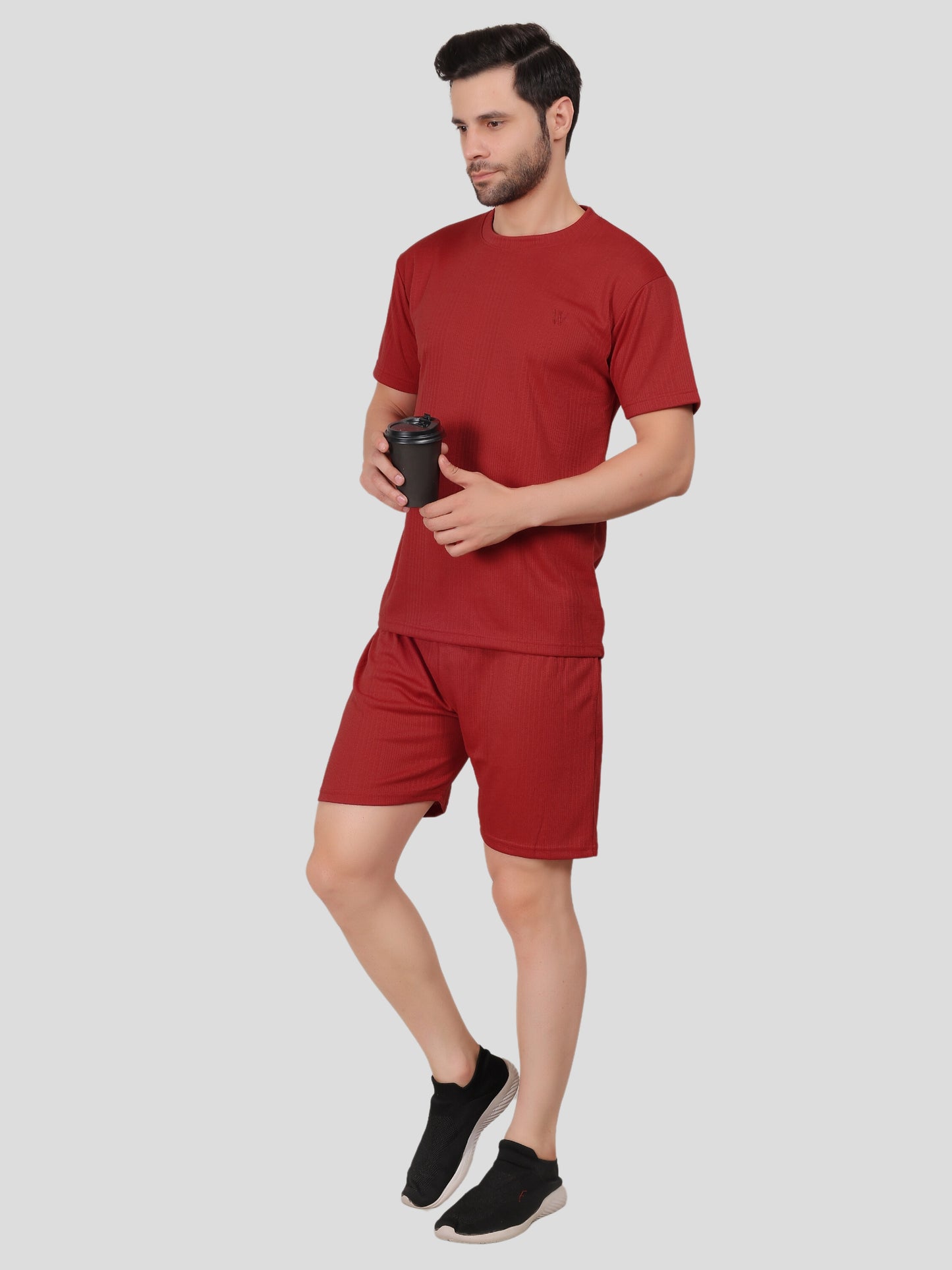 YOUTH ROBE Men's Co-Ord Set , Knitted T-Shirt and Short  (Maroon)