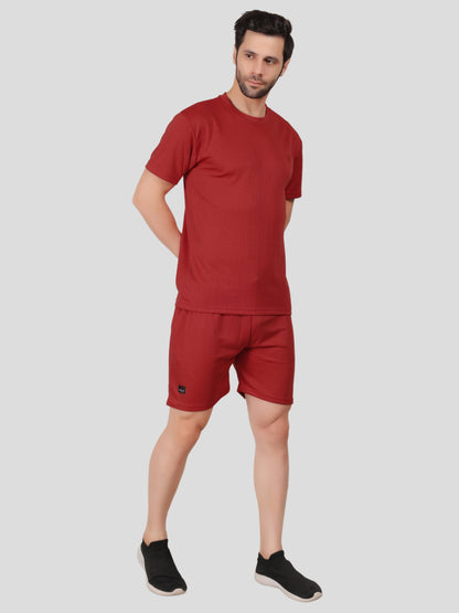 YOUTH ROBE Men's Co-Ord Set , Knitted T-Shirt and Short  (Maroon)